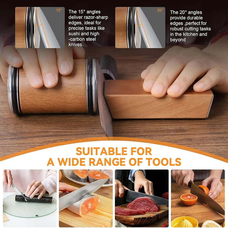 Rolling Knife Sharpener showcasing 15° and 20° angles for various kitchen tasks and tool suitability.