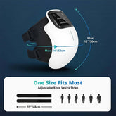Electric Knee Therapy Device with adjustable velcro strap, one size fits most, black and white color, max dimensions labeled.