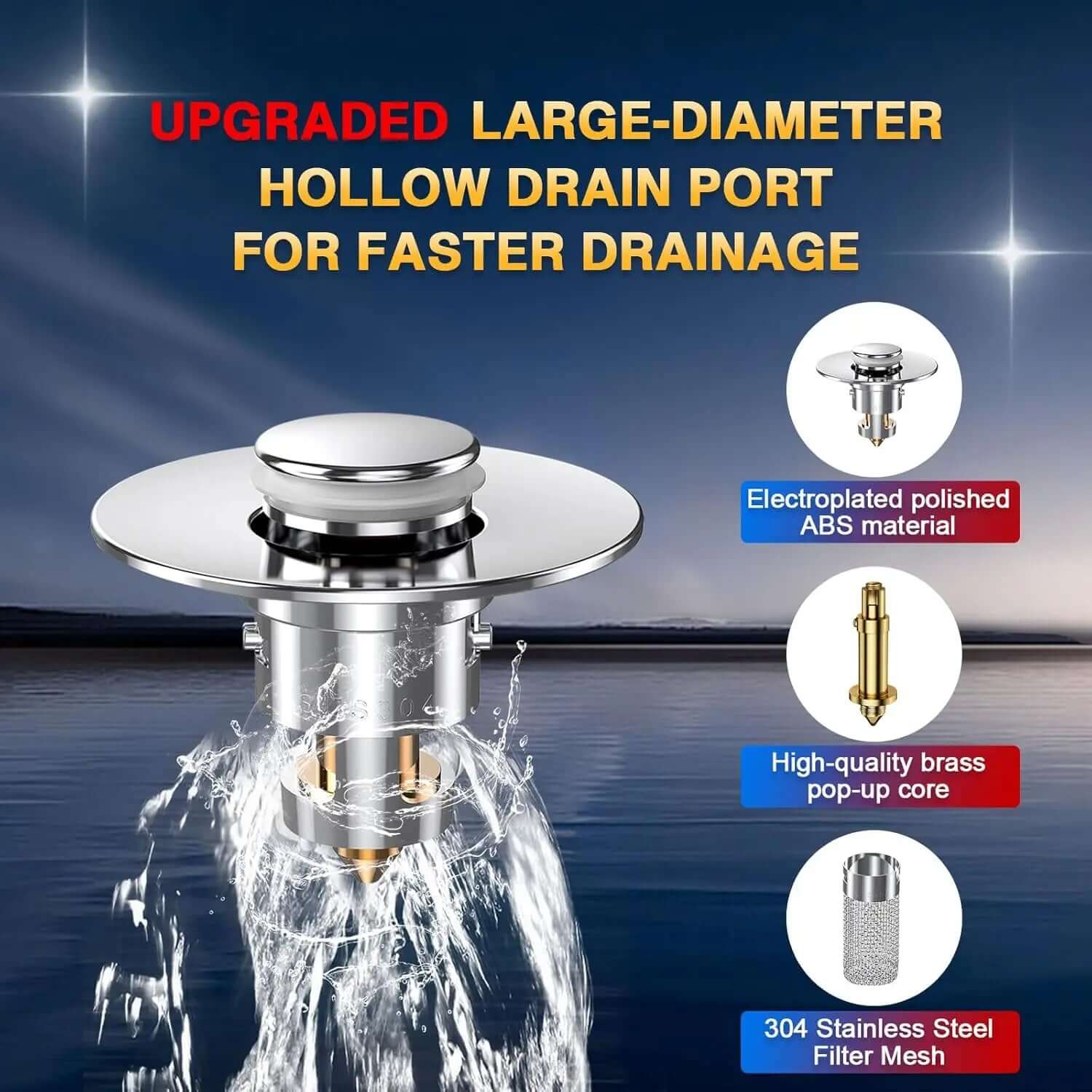 Sink Drain Stopper & Strainer with large-diameter drain port for faster drainage, featuring high-quality materials.