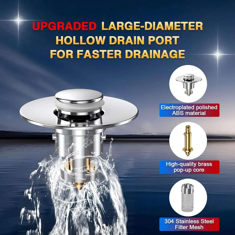 Sink Drain Stopper & Strainer with large-diameter drain port for faster drainage, featuring high-quality materials.