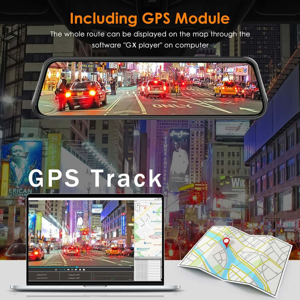 Dash Cam Mirror Screen displaying GPS tracking on a computer map with city traffic at night.