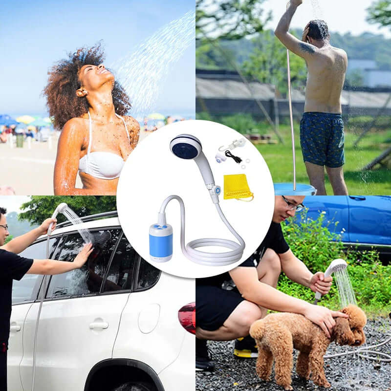 Portable Camping Shower Set showing various uses like showering, washing a car, and bathing a dog for outdoor convenience.