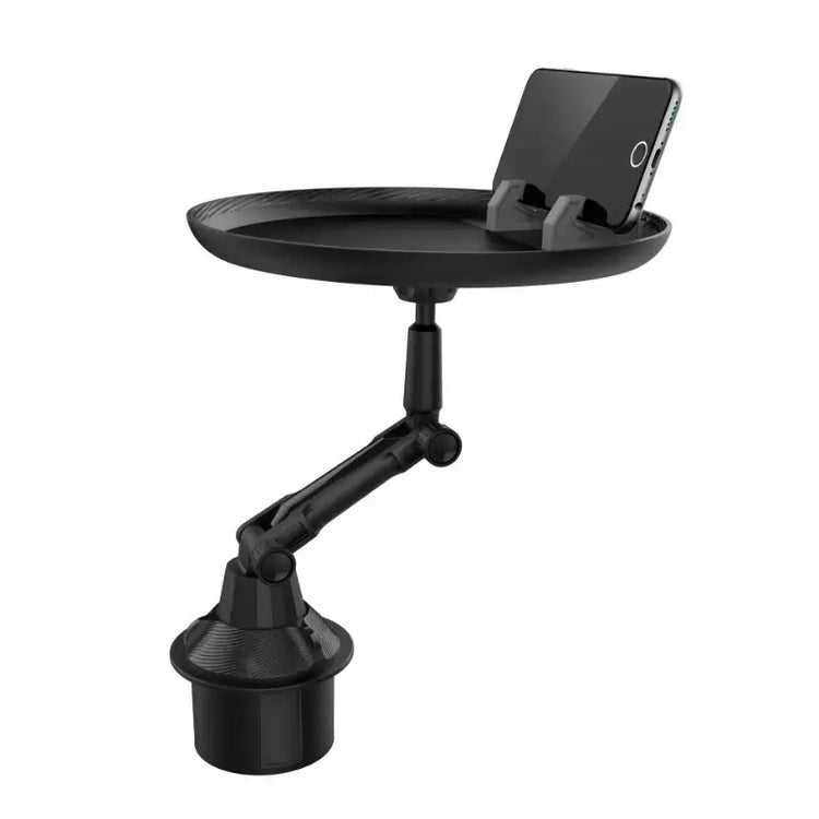 Car Swivel Tray in black, transforming a car cup holder into a mini table for snacks and phone stand.