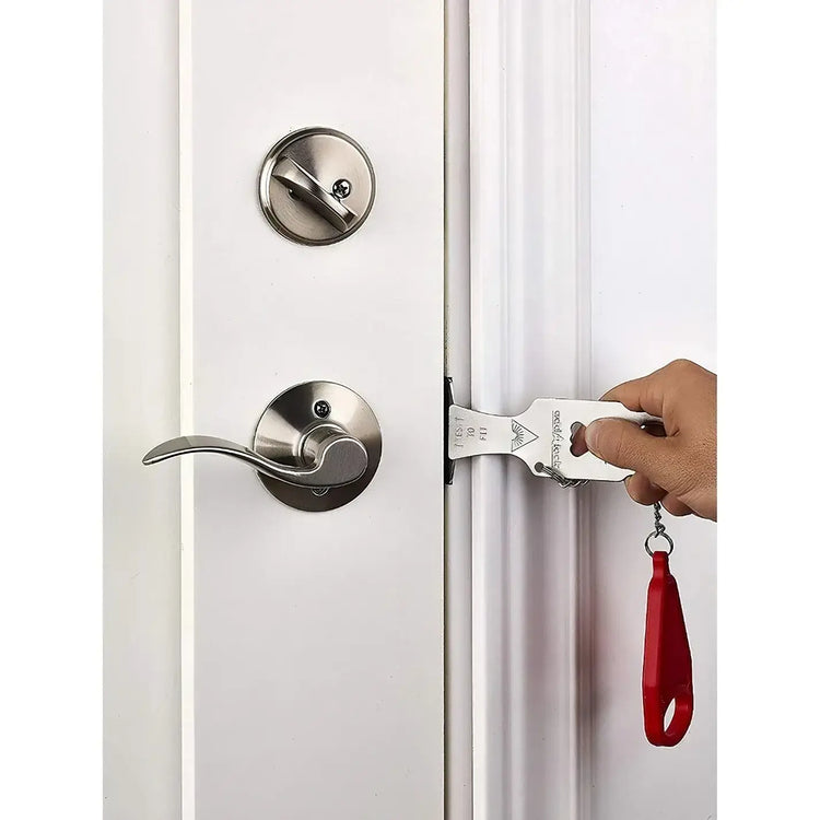 Installation of the Smart Portable Door Guard being demonstrated on a door for enhanced security.