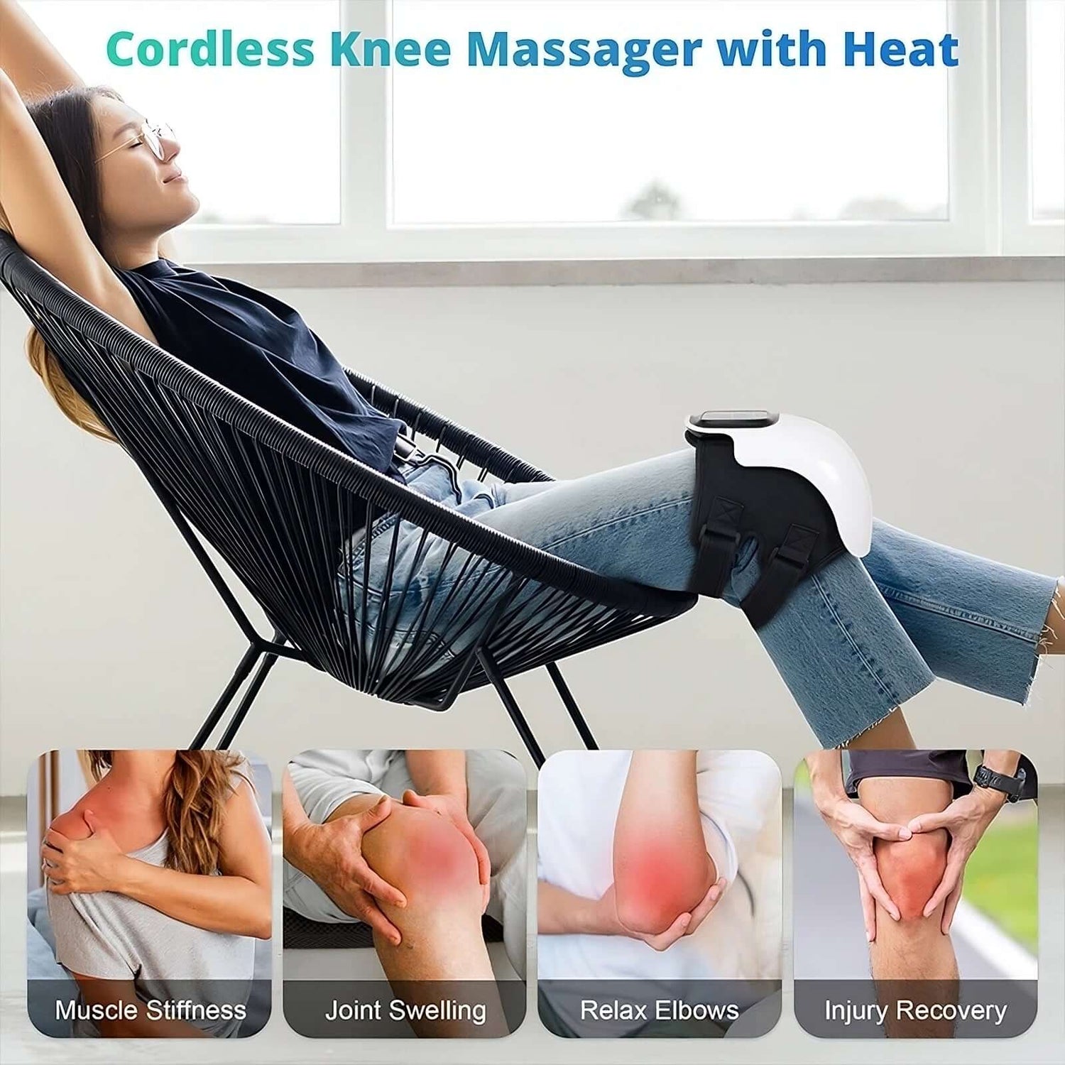 Woman using Electric Knee Therapy Device for pain relief and relaxation at home, featuring red light and heat therapy.