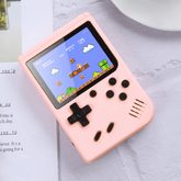 Retro Mini Handheld Game Console showcasing a classic platform game on screen, pink design, and classic D-Pad controls