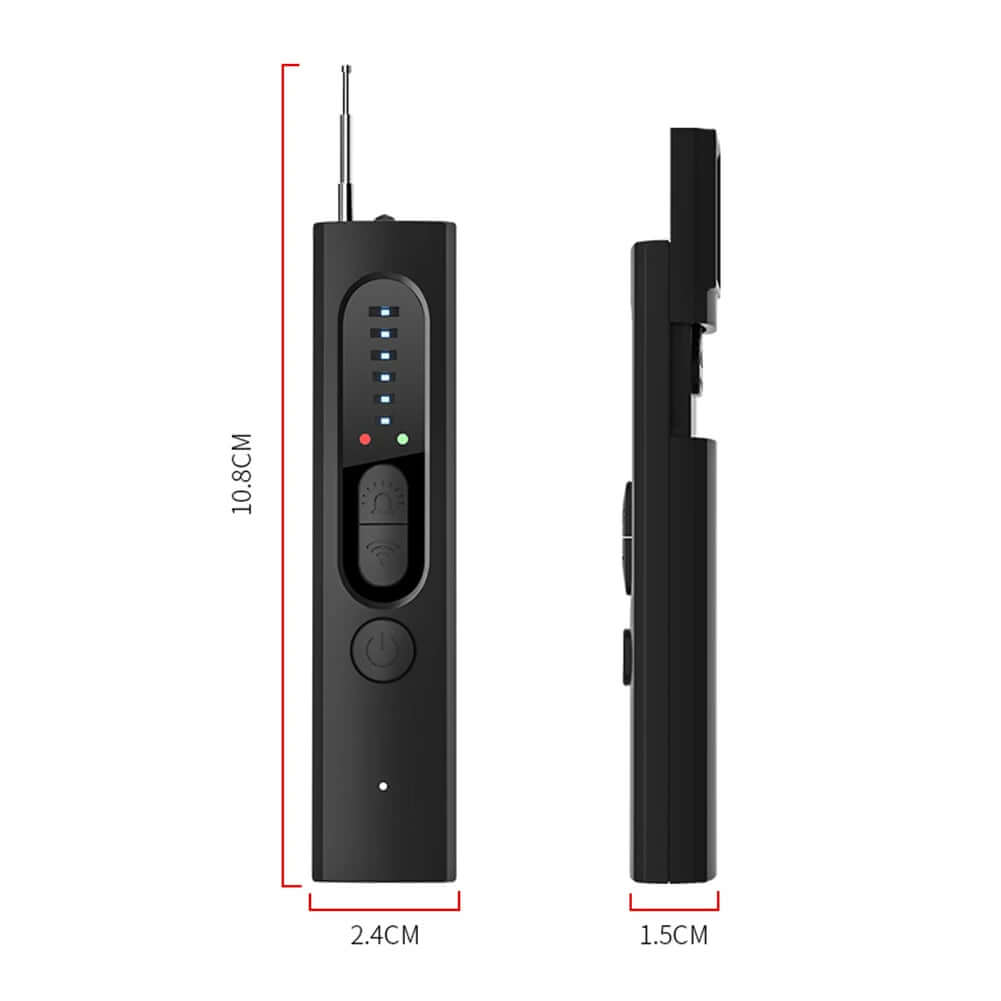 Hidden Camera & Bug Detector – Pocket Size Privacy Guardian with detailed dimensions displayed.