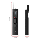 Hidden Camera & Bug Detector – Pocket Size Privacy Guardian with detailed dimensions displayed.