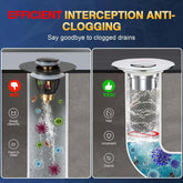 Comparison of a standard drain and the Sink Drain Stopper & Strainer preventing debris and clogging, showing efficient interception.