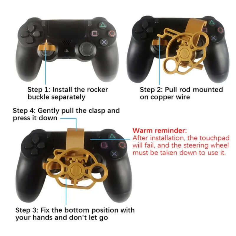Mini Steering Wheel Game Controller Attachment installation steps for easy setup on PS4 controller.