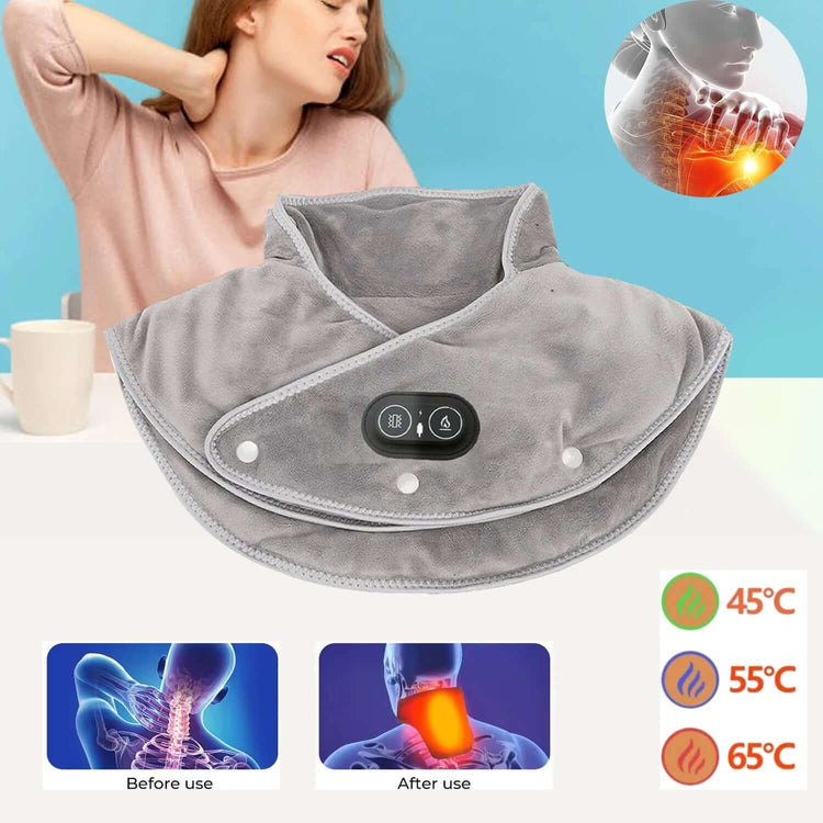 Electric Heated Neck & Shoulder Wrap providing warmth and instant relief, shown with temperature settings and usage illustrations.