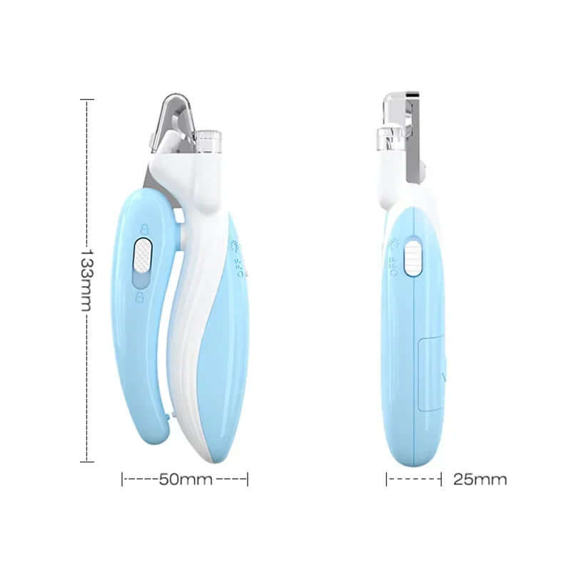 Pet Nail Clipper with Led Light - Safe, stress-free grooming tool with LED illumination, blue ergonomic design shown with measurements.
