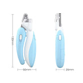 Pet Nail Clipper with Led Light - Safe, stress-free grooming tool with LED illumination, blue ergonomic design shown with measurements.