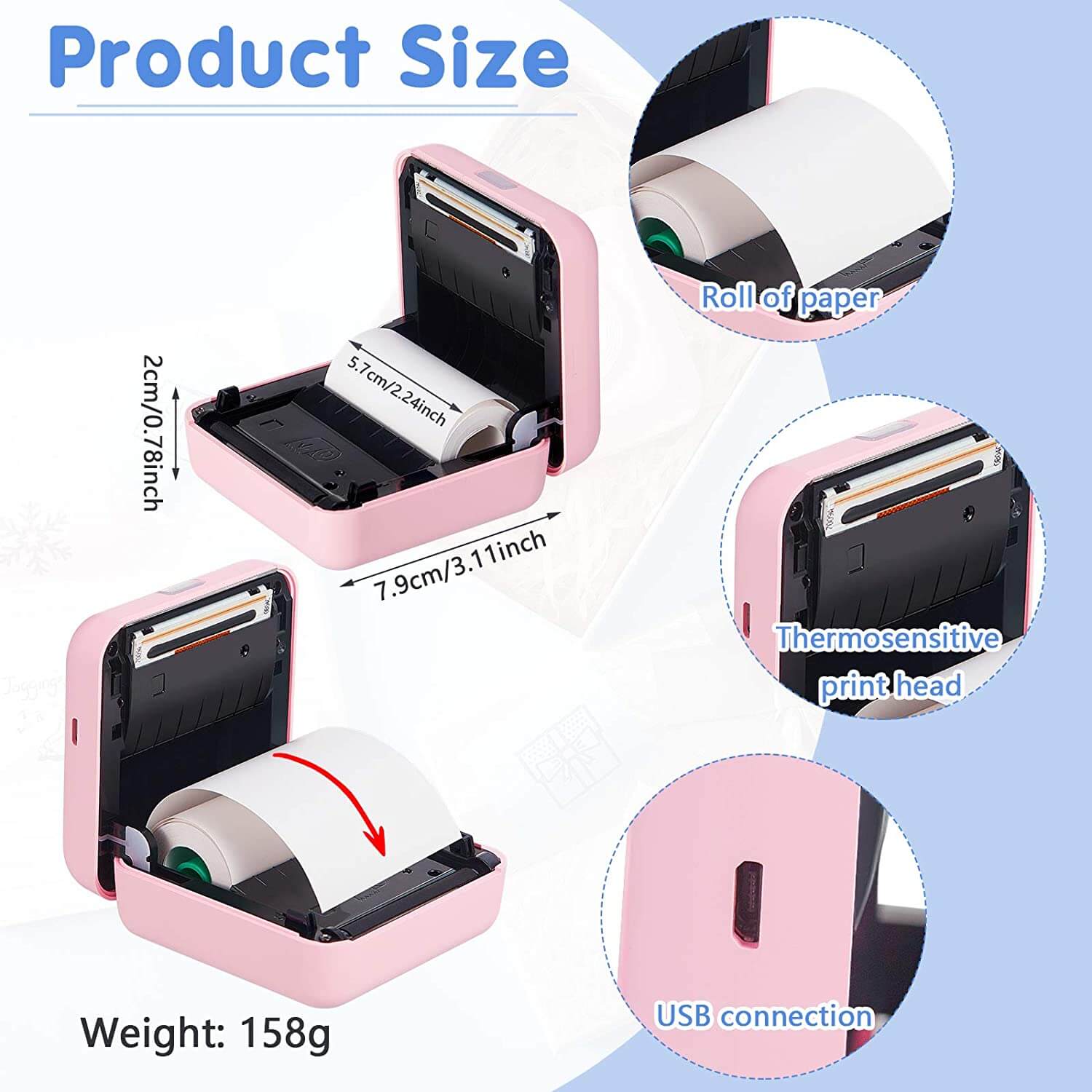 PeriPage Pocket Printer showing dimensions, roll of paper, thermosensitive print head, USB connection, weight of 158g