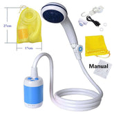 Portable Camping Shower Set includes handheld showerhead and pump for hot showers anywhere.