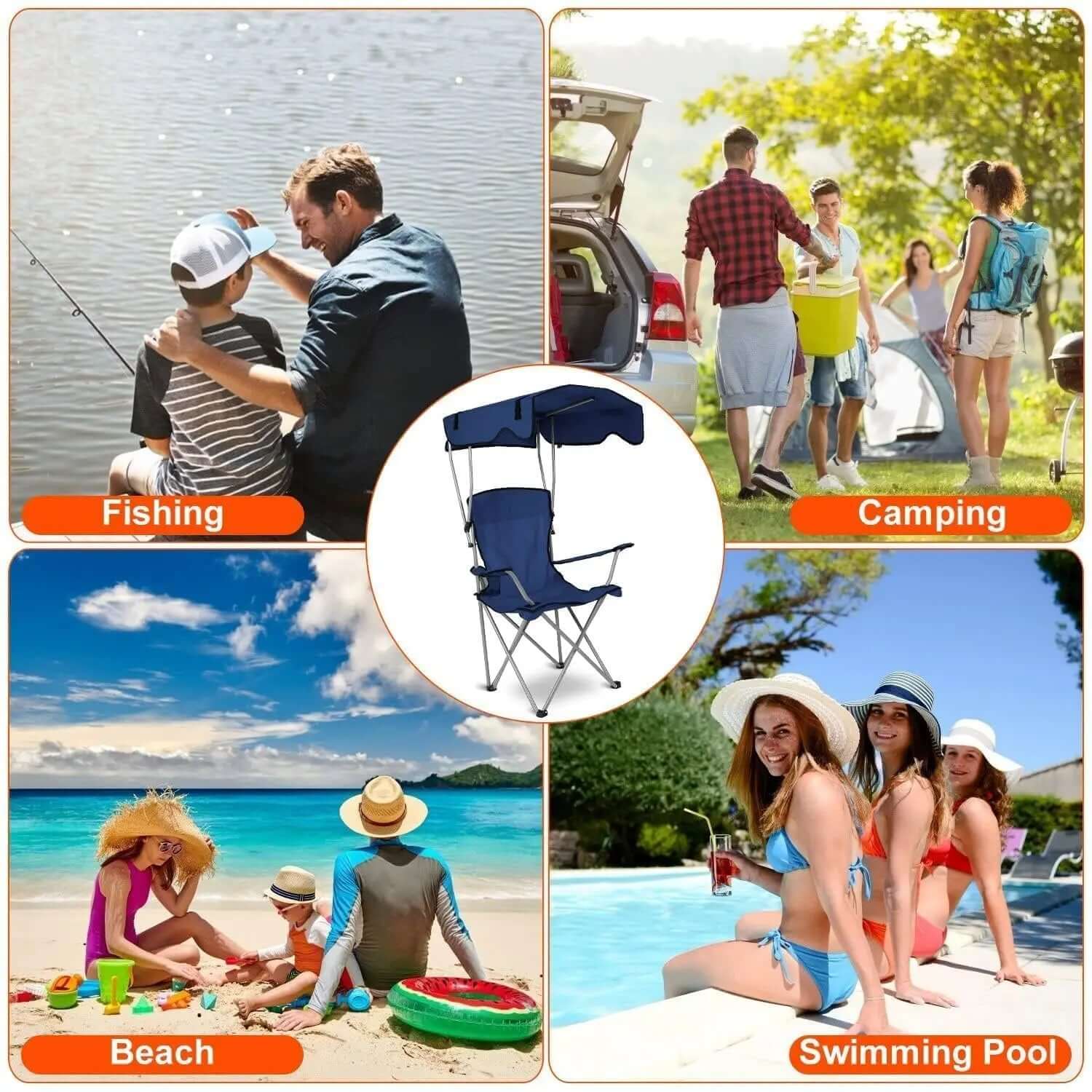 Camping Chair with Canopy, perfect for fishing, camping, beach outings, and relaxing by the swimming pool.