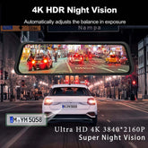 Dash Cam Mirror Screen showcasing 4K HDR Night Vision for clear recording and driving safety.