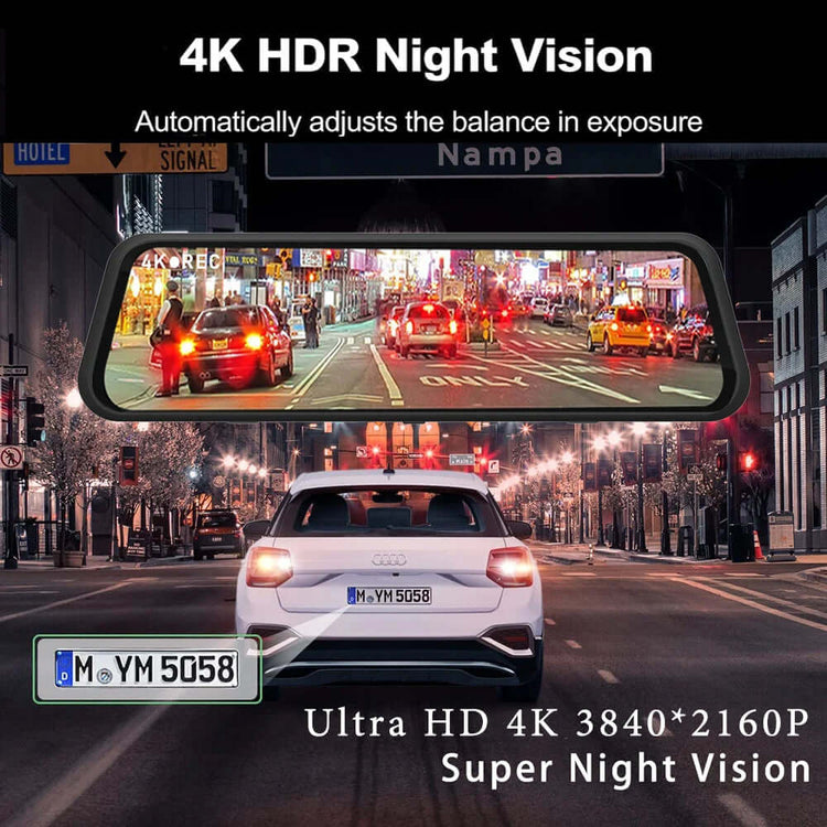 Dash Cam Mirror Screen showcasing 4K HDR Night Vision for clear recording and driving safety.