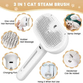 3 in 1 Pet Steam Brush with hair removal, rubber massage, charging port, and deodorizer options for pet grooming.