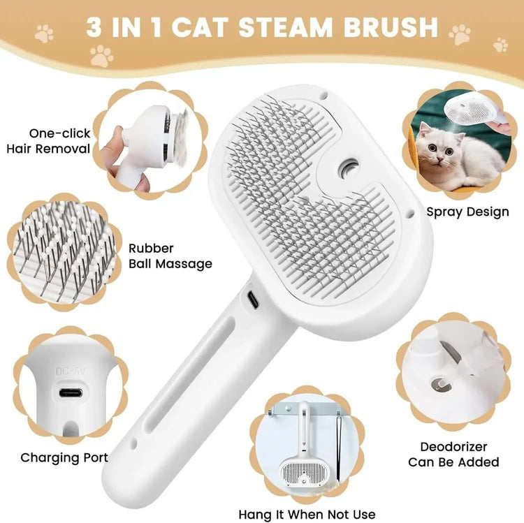 3 in 1 Pet Steam Brush with hair removal, rubber massage, charging port, and deodorizer options for pet grooming.