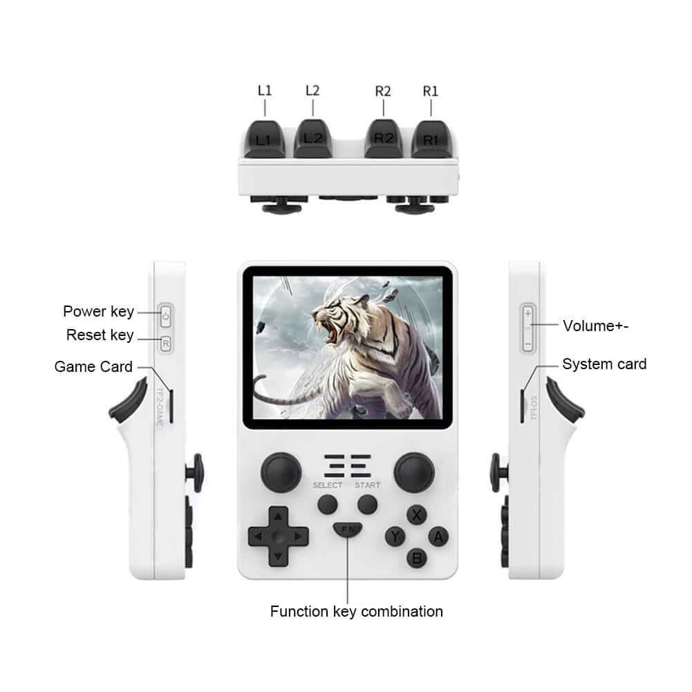 Handheld Game Console RK3326 showing front view with labeled buttons and a tiger on the screen.