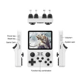 Handheld Game Console RK3326 showing front view with labeled buttons and a tiger on the screen.