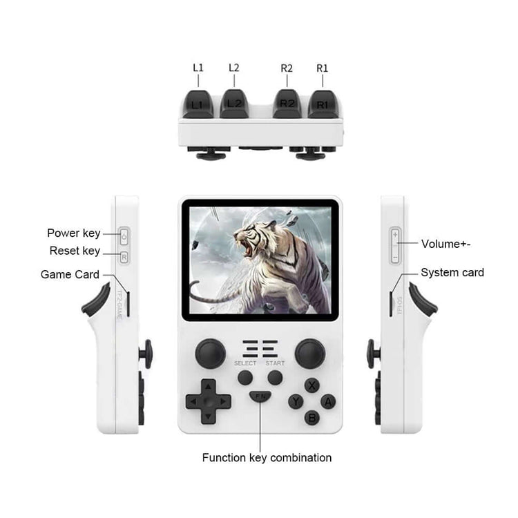 Handheld Game Console RK3326 showing front view with labeled buttons and a tiger on the screen.