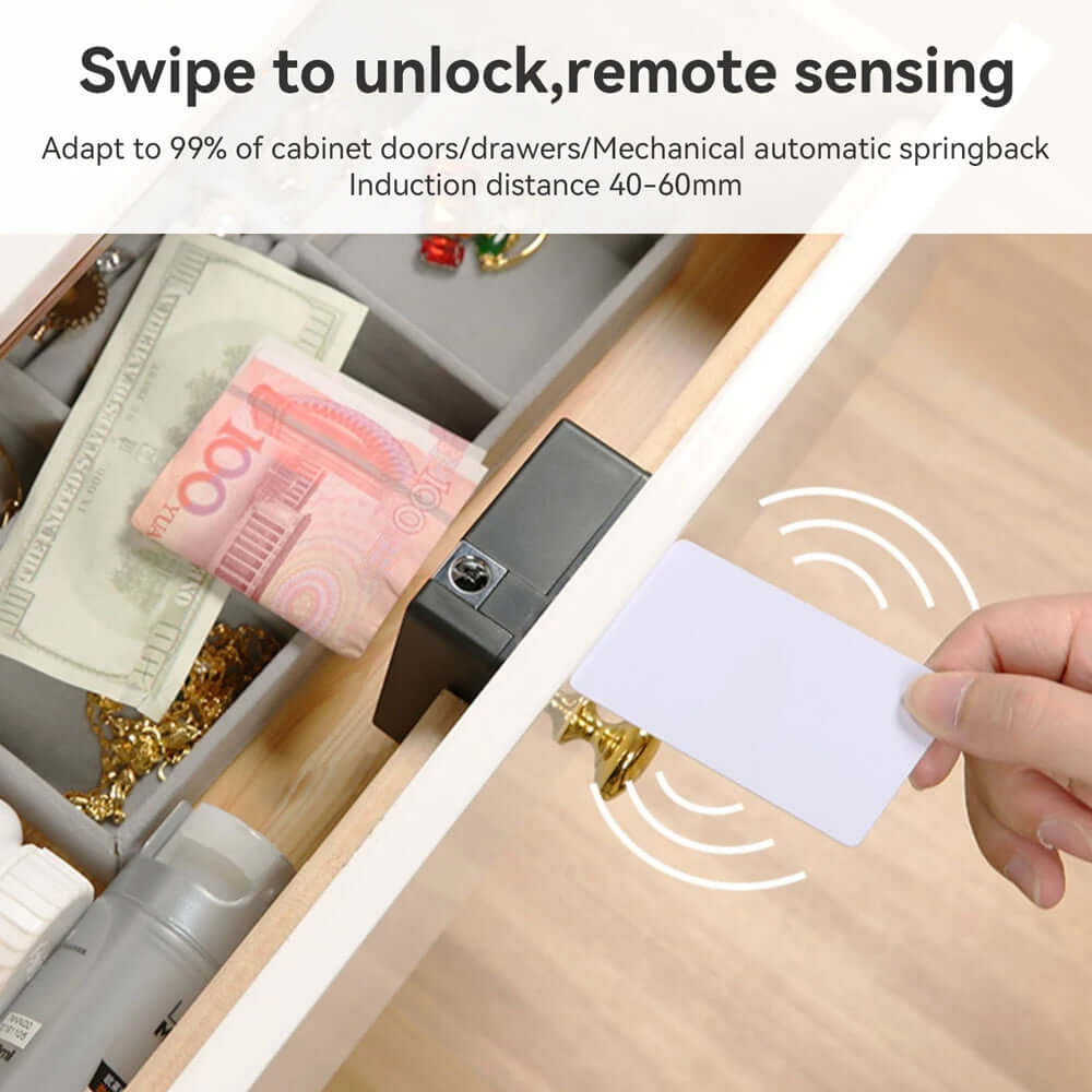 Smart Drawer Lock with remote sensing for cabinet doors, showcasing swipe unlock mechanism and valuables inside.