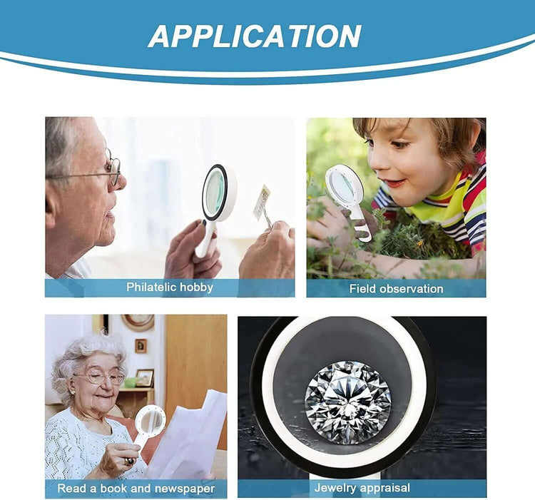 30X LED Magnifying Glass used for philatelic hobby, field observation, reading, and jewelry appraisal. Versatile magnifying tool.