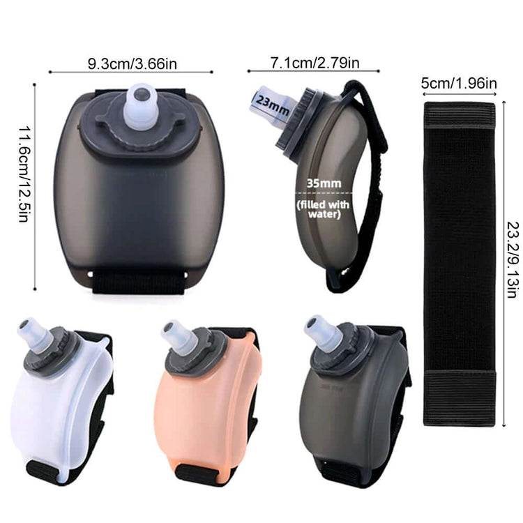 Wrist Water Bottle showcasing different colors and dimensions, designed for hydration on the go.
