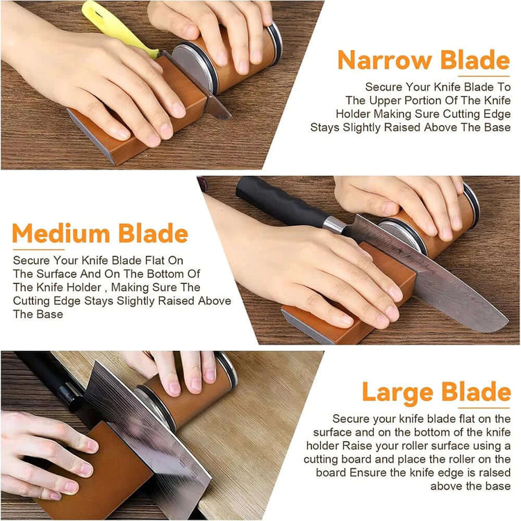 Guide to using the Rolling Knife Sharpener for narrow, medium, and large blades with detailed instructions.
