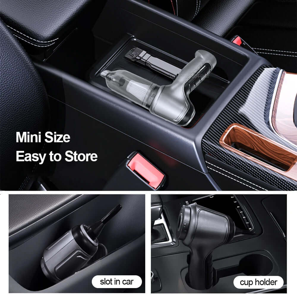 Car Vacuum Cleaner & Blower shown in a car cup holder and storage compartment, highlighting its mini size and easy storage features.
