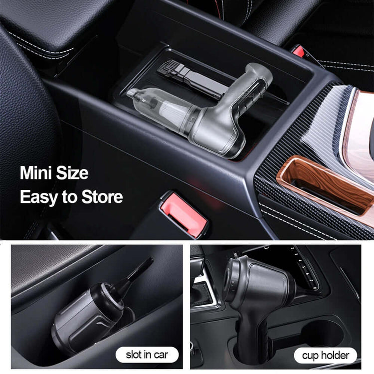 Car Vacuum Cleaner & Blower shown in a car cup holder and storage compartment, highlighting its mini size and easy storage features.