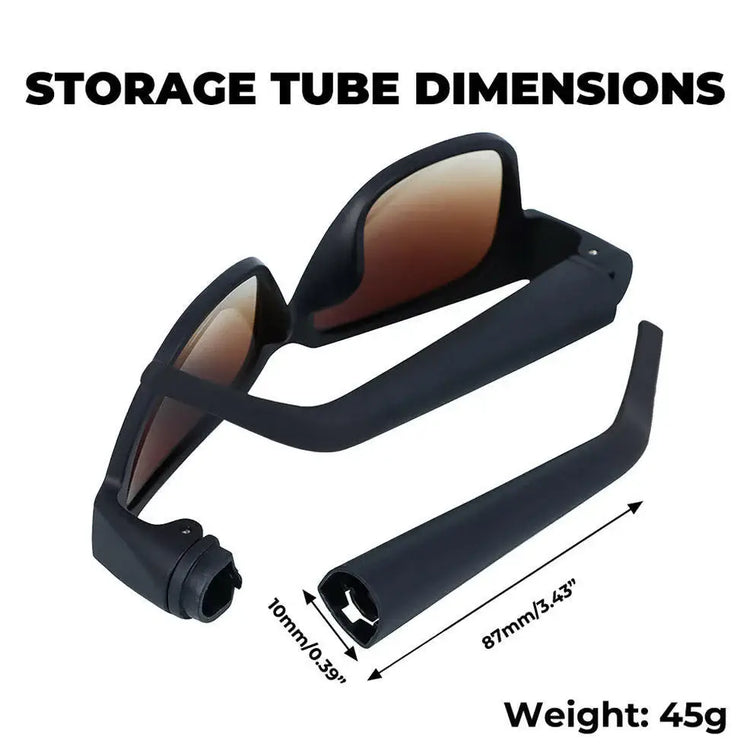 Hidden Storage Sunglasses with detachable storage tube, dimensions 10mm x 87mm, weight 45g, perfect for secret storage.