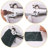 Four images showing a Handheld Sewing Machine in action sewing fabric, highlighting easy use for fast fixes.