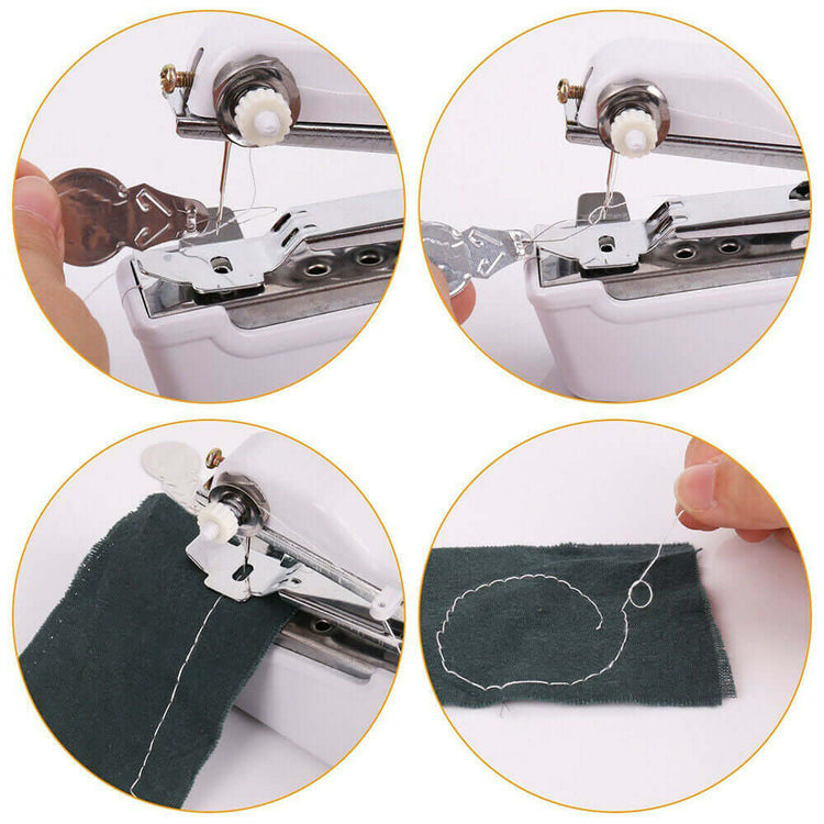 Four images showing a Handheld Sewing Machine in action sewing fabric, highlighting easy use for fast fixes.
