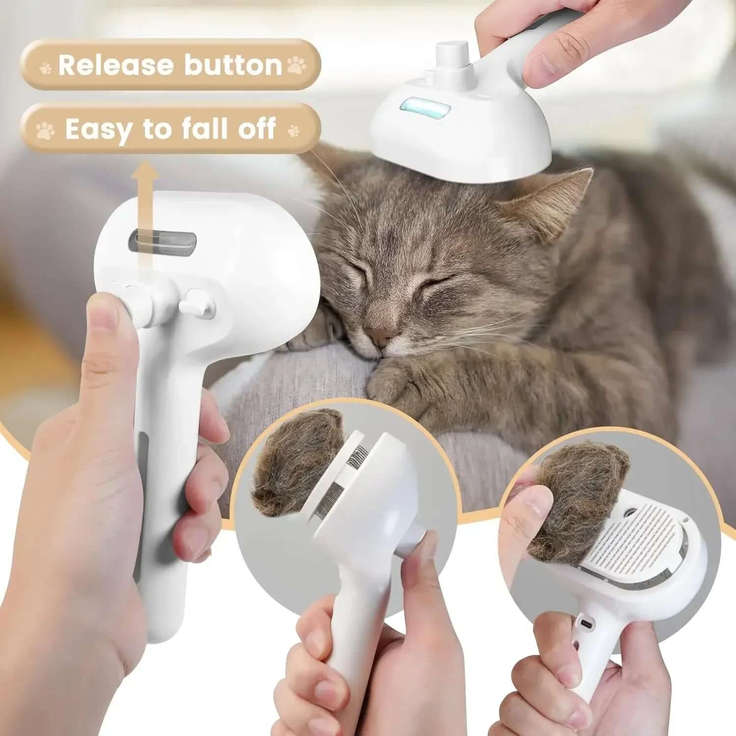 A person using a Pet Steam Brush on a relaxed cat, showcasing the release button and ease of detaching the brush attachment.