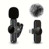 Wireless Lavalier Microphone with windscreen, ideal for high-quality audio on the go.