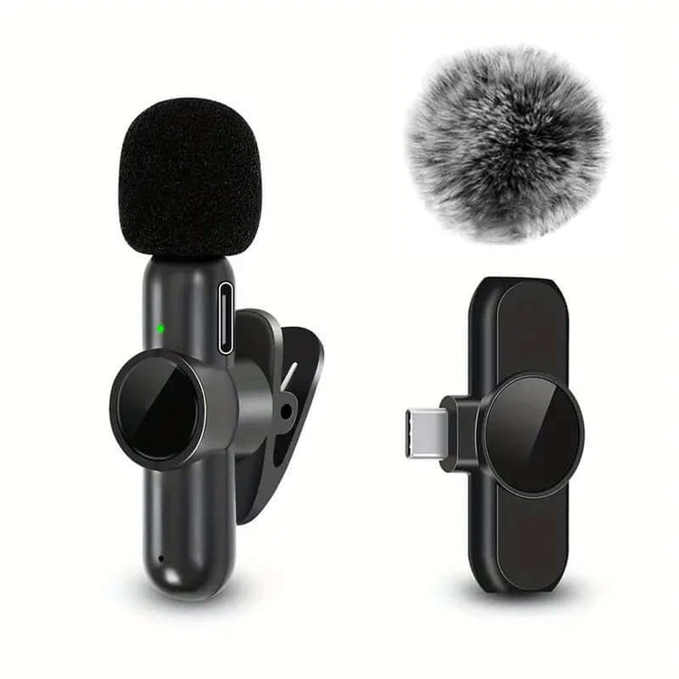Wireless Lavalier Microphone with windscreen, ideal for high-quality audio on the go.