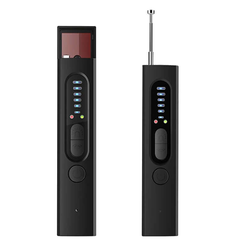 Hidden Camera & Bug Detector – Pocket Size Privacy Guardian with LED indicators and antenna for detection.