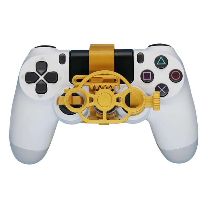 Mini Steering Wheel Game Controller Attachment attached to a PS4 controller for enhanced racing gameplay.