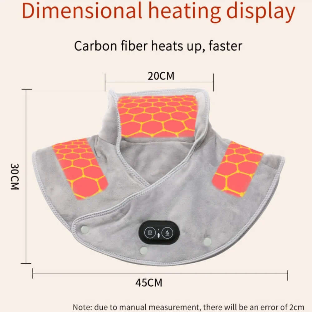 Electric Heated Neck & Shoulder Wrap with carbon fiber heating and dimensions, showcasing wearable warmth for instant relief.