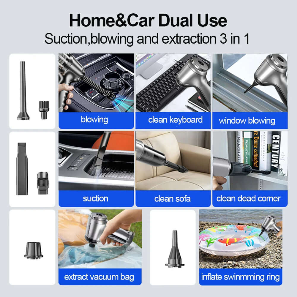 Home & Car Dual Use: Suction, blowing, and extraction features of Car Vacuum Cleaner & Blower in 3-in-1 design.