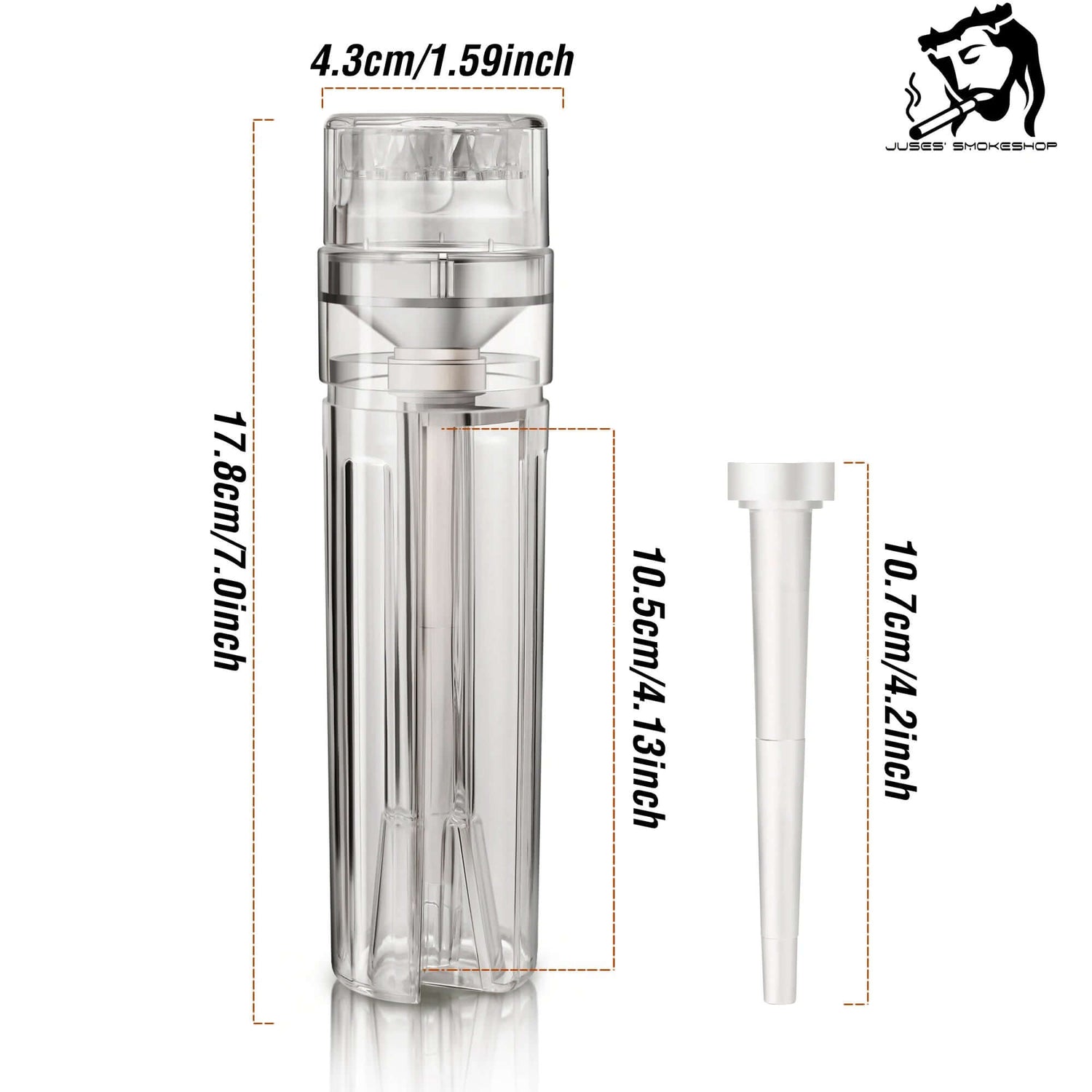 All in One Tobacco Grinder dimensions and features, showcasing grind, fill, and go functionality.