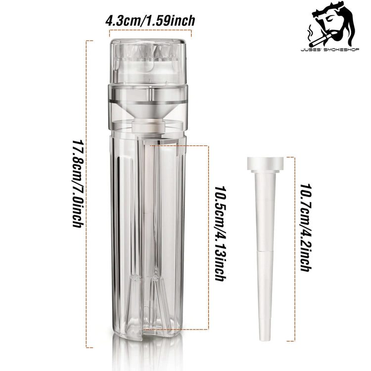 All in One Tobacco Grinder dimensions and features, showcasing grind, fill, and go functionality.
