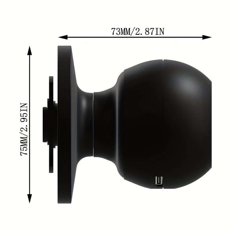 Keyless Smart Knob with App Control side view showcasing dimensions 73MM/2.87IN and 75MM/2.95IN.