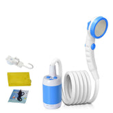 Portable Camping Shower Set with showerhead, hose, and pump for hot showers anywhere outdoors.