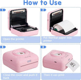Steps to use the PeriPage Pocket Printer, showing how to insert thermal paper and print inkless with the mini thermal printer.