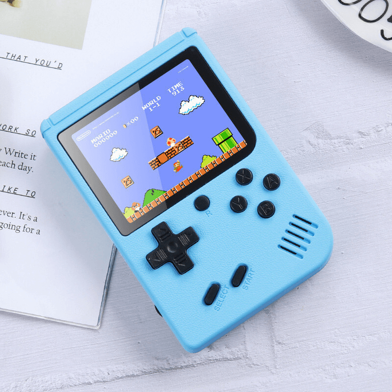 Light blue Retro Mini Handheld Game Console displaying vintage video game, portable design perfect for nostalgic gaming experience.