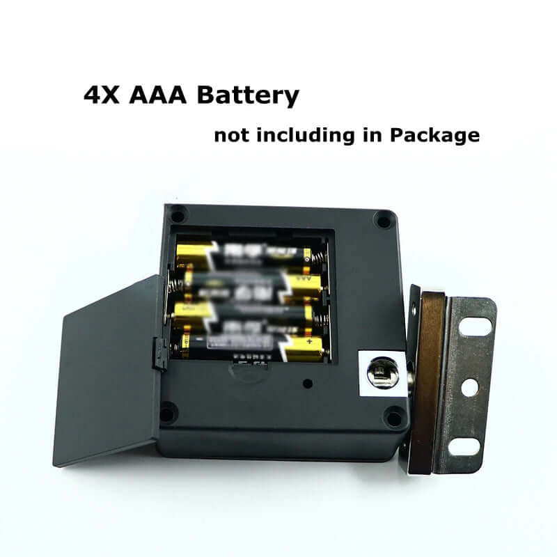 Smart Drawer Lock battery compartment showing space for 4X AAA batteries, not included in package.